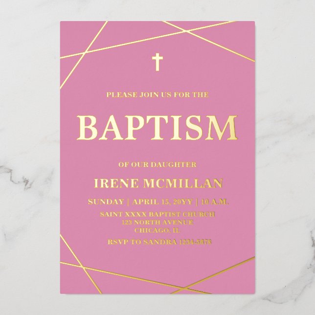  Pink Baptism Real Gold Foil Invitation (Front)