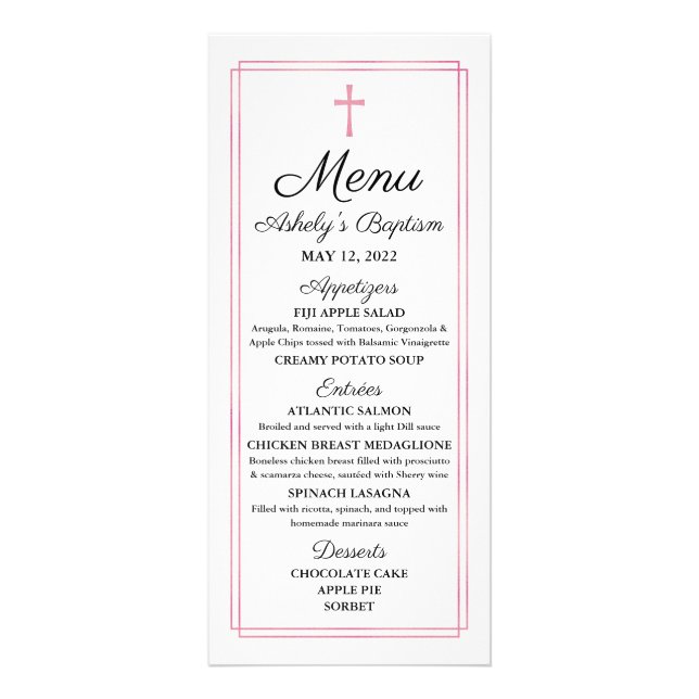Pink Baptism Religious Menu Card (Front)