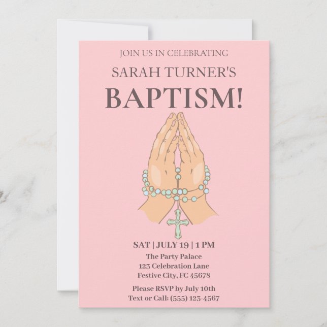 Pink Baptism with Praying Hands Prayer Beads Invitation (Front)