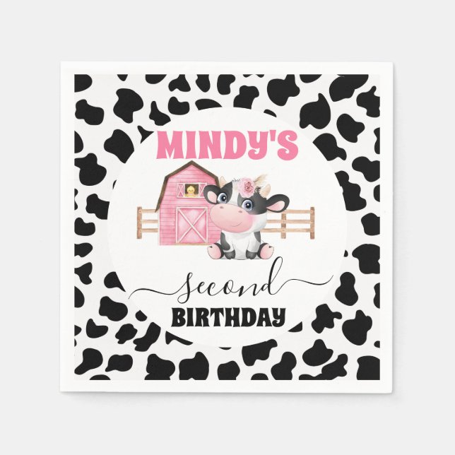 Pink Barn Cow Print 2nd Birthday Paper Napkin (Front)