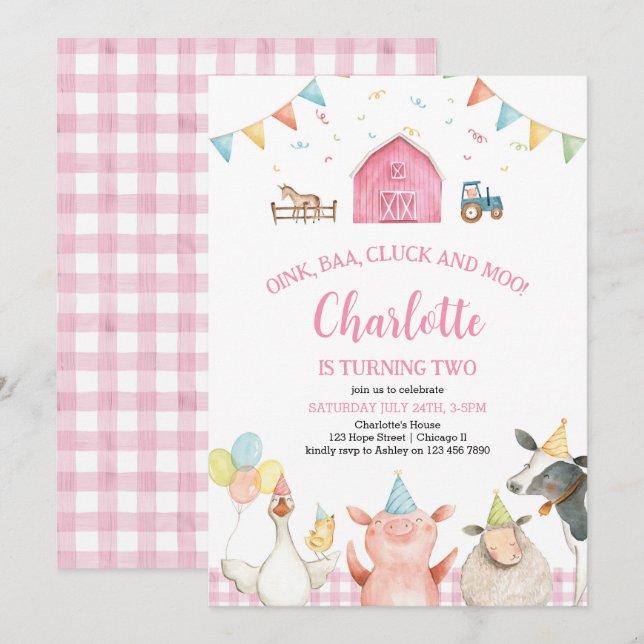 Pink Barn Farm Animals Barnyard Girl 2nd Birthday Invitation (Front/Back)