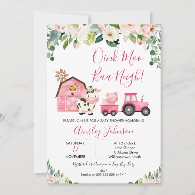 Pink Barn Farm Farmyard Animals Baby Shower  Invitation (Front)