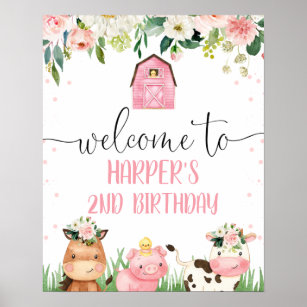 Pink Barn Floral Farm Animals Birthday Welcome  Po Poster