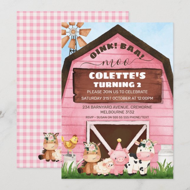 Pink Barn Oink Baa Moo Farm Animals Birthday Invitation (Front/Back)