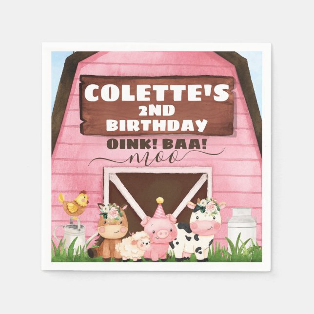 Pink Barn Oink Baa Moo Farm Animals Birthday Paper Napkin (Front)