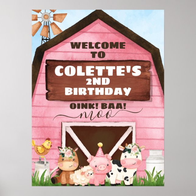 Pink Barn Oink Baa Moo Farm Birthday Welcome Poster (Front)