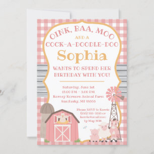 Pink Barnyard Animals Birthday Invitation