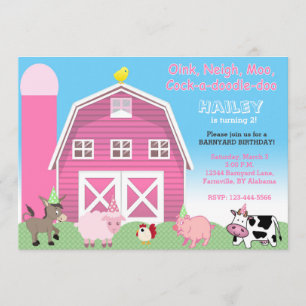 Pink barnyard birthday invitation   Farm invite