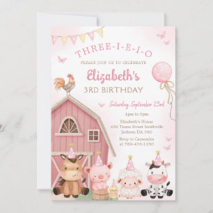 Pink Barnyard Farm Animal Three-i-e-i-o Birthday Invitation