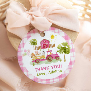 Pink barnyard farm animals birthday favour tags