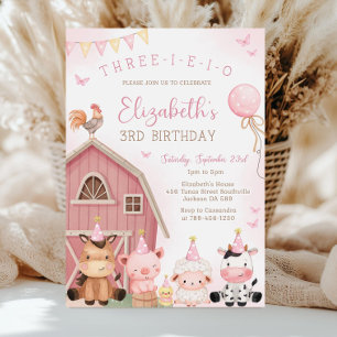 Pink Barnyard Girl Farm Animal Three-I-E-I-O 3rd B Invitation