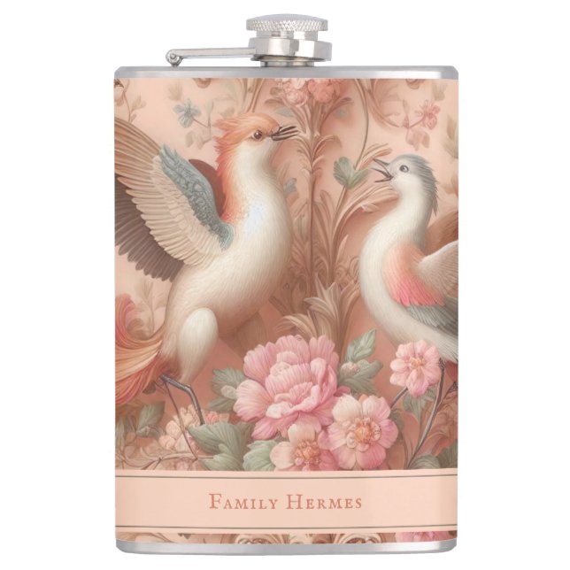 Pink Baroque Rococo Flower Morris  Hip Flask (Front)
