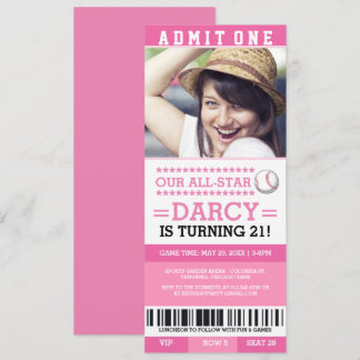 Pink Baseball Ticket Birthday Invites