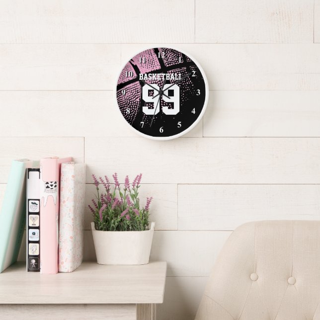 Pink basketball jersey number custom wall clock (Reading Room)