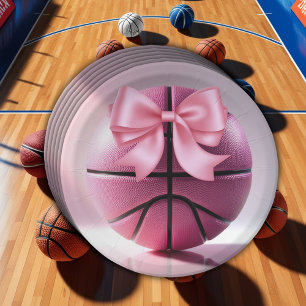 Pink Basketball Ribbon Bow Ball Baby Shower  Paper Plate