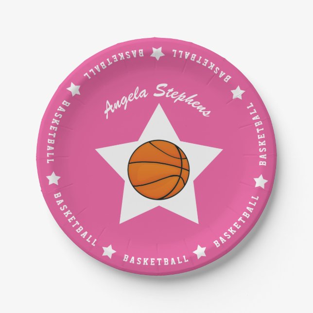 Pink Basketball Star Name Paper Plate (Front)