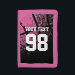Pink basketball wallet with custom jersey number<br><div class="desc">Girly neon pink basketball wallets with custom jersey number. Personalizable sports gift for thanking coach,  sporty boys and girls. Cool atheltic gift idea for men,  women,  mom and teen kids. Personalizable with high school team name,  funny quote,  slogan or monogram initials. In black and orange or other colours.</div>