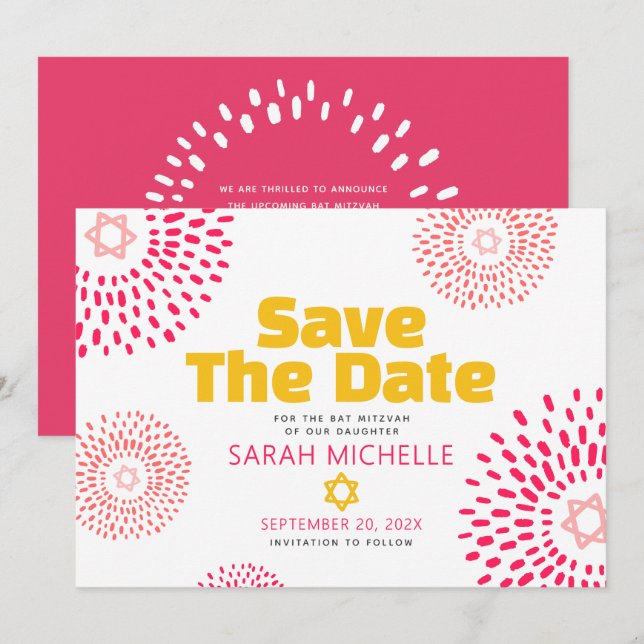Pink Bat Mitzvah Bold Starburst Cool Modern Groovy Save The Date (Front/Back)