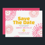 Pink Bat Mitzvah Bold Starburst Cool Modern Groovy Save The Date<br><div class="desc">Make sure all your friends and relatives will be able to celebrate your daughter’s milestone Bat Mitzvah! Send out this fun, boho retro, personalized “Save the Date” announcement card. Retro hot pink and coral flower starbursts with Stars of David, as well as bold modern yellow hot pink and dark grey...</div>
