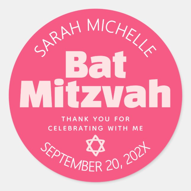 Pink Bat Mitzvah Bold Typography Cool Retro Groovy Classic Round Sticker (Front)