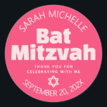 Pink Bat Mitzvah Bold Typography Cool Retro Groovy Classic Round Sticker<br><div class="desc">Be proud, rejoice and showcase this milestone of your favourite Bat Mitzvah! Use this stylish pop, personalized sticker to add to her special day. Fun, groovy, blush pink and white modern sans serif typography and Star of David overlay a bold coral pink background. Personalize the custom text with her name,...</div>