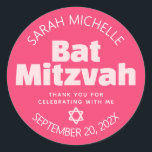 Pink Bat Mitzvah Bold Typography Cool Retro Groovy Classic Round Sticker<br><div class="desc">Be proud, rejoice and showcase this milestone of your favourite Bat Mitzvah! Use this stylish pop, personalized sticker to add to her special day. Fun, groovy, blush pink and white modern sans serif typography and Star of David overlay a bold coral pink background. Personalize the custom text with her name,...</div>