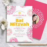 Pink Bat Mitzvah Photo Bold Cool Starburst Groovy Invitation<br><div class="desc">Be proud, rejoice and showcase this milestone of your favourite Bat Mitzvah with this fun, trendy, groovy, personalized invitation! Retro hot pink and coral flower starbursts with Stars of David, as well as bold modern yellow hot pink and dark grey sans serif typography, overlay a clean white background. On the...</div>