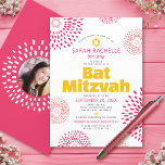 Pink Bat Mitzvah Photo Bold Starburst Cool Groovy Invitation<br><div class="desc">Be proud, rejoice and showcase this milestone of your favourite Bat Mitzvah with this fun, trendy, groovy, personalized invitation! Retro hot pink and coral flower starbursts with Stars of David, as well as bold modern yellow hot pink and dark grey sans serif typography, overlay a clean white background. On the...</div>