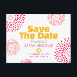 Pink Bat Mitzvah Save the Date Modern Starburst Invitation Postcard<br><div class="desc">Make sure all your friends and relatives will be able to celebrate your daughter’s milestone Bat Mitzvah! Send out this fun, boho retro, personalized “Save the Date” announcement postcard. Retro hot pink and coral flower starbursts with Stars of David, as well as bold modern yellow hot pink and dark grey...</div>