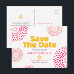 Pink Bat Mitzvah Save the Date Modern Starburst Invitation Postcard<br><div class="desc">Make sure all your friends and relatives will be able to celebrate your daughter’s milestone Bat Mitzvah! Send out this fun, boho retro, personalized “Save the Date” announcement postcard. Retro hot pink and coral flower starbursts with Stars of David, as well as bold modern yellow hot pink and dark grey...</div>