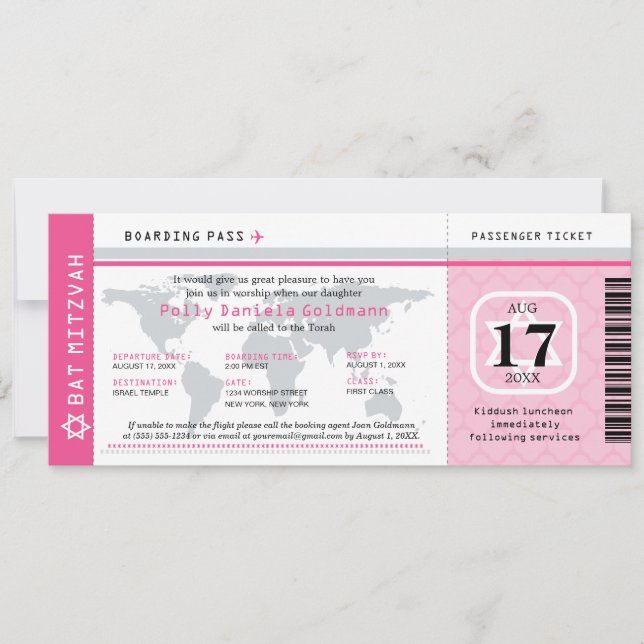 Pink Bat Mitzvah World Traveller Boarding Pass Invitation (Front)
