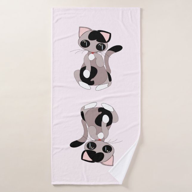 Pink Bath Towel with Cat Cleaning - Customizable (Bath Towel)