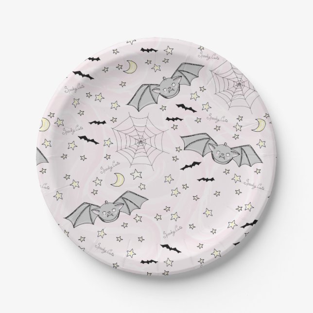 Pink Batty, Stars & Moons Spooky Cute Paper Plate (Front)
