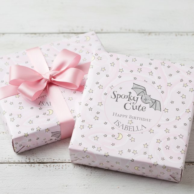 Pink Batty, Stars & Moons Spooky Cute Wrapping Paper (Pink & Black Spooky Cute Bats Wrapping Paper for Halloween Birthday Party & Kids October Birthday)