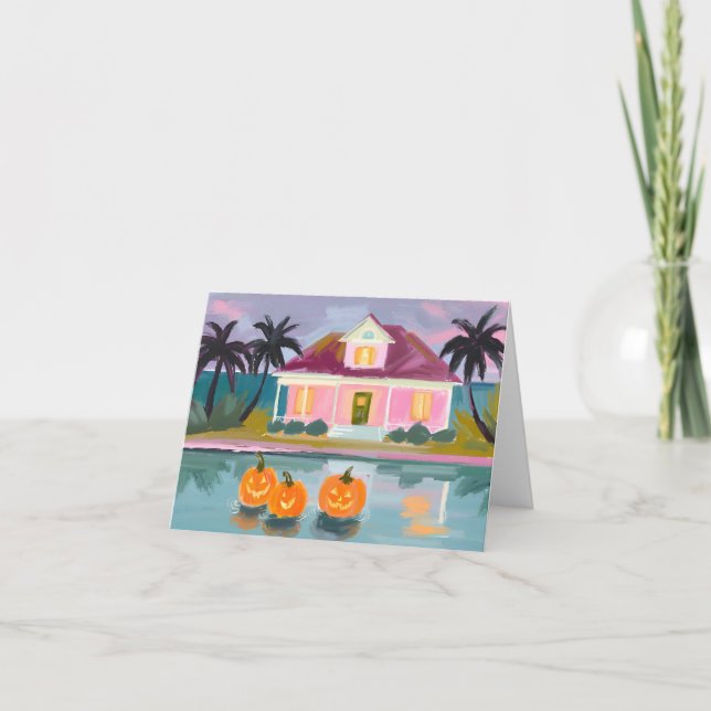 Pink Beach Cottage at Halloween Card (Front)