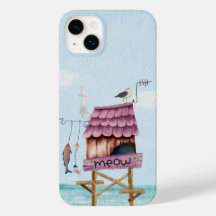 Pink beach fishing hut pier stilts bird fish meow