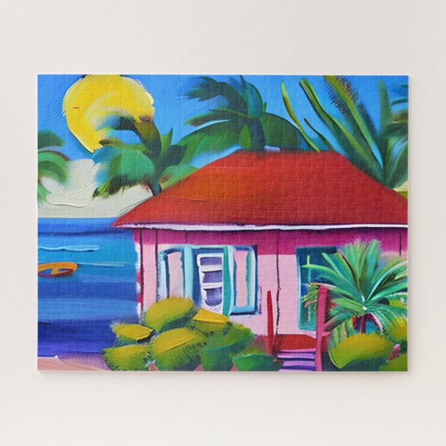 Pink Beach house Tropical Art Jigsaw Puzzle (Horizontal)