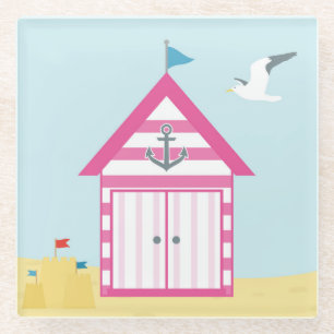 Pink Beach Hut Glass Coaster