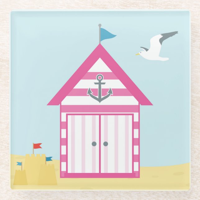 Pink Beach Hut Glass Coaster (Front)