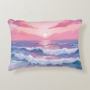Pink Beach Ocean Shore Painted Accent Pillow