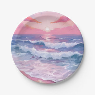 Pink Beach Ocean Shore Painted Paper Plate