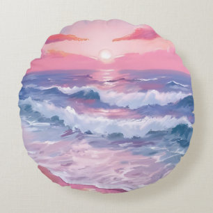 Pink Beach Ocean Shore Painted Round Pillow
