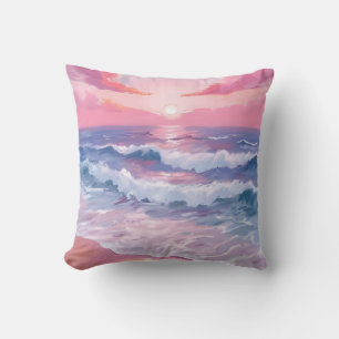Pink Beach Ocean Shore Painted Throw Pillow