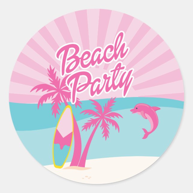 Pink Beach Palm Birthday Classic Round Sticker (Front)