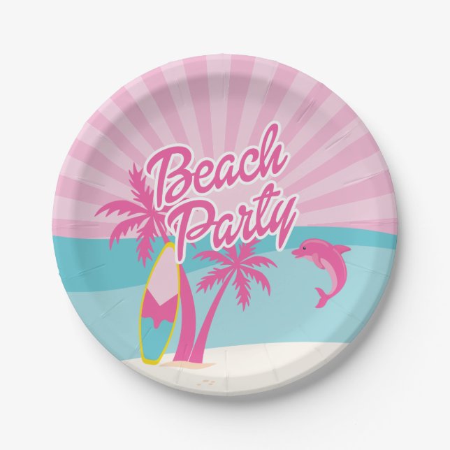 Pink Beach Palm Birthday Paper Plate (Front)