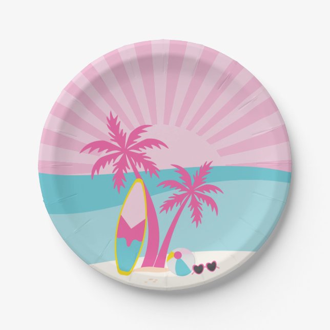Pink Beach Palm Birthday Paper Plate (Front)