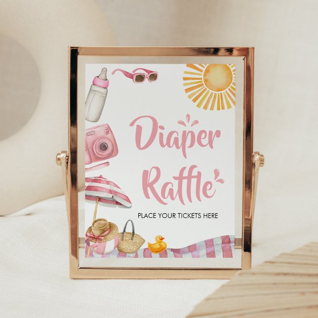Pink Beach Summer Baby Shower Diaper Raffle Poster (Splish Splash Baby Shower Diaper Raffle Sign)