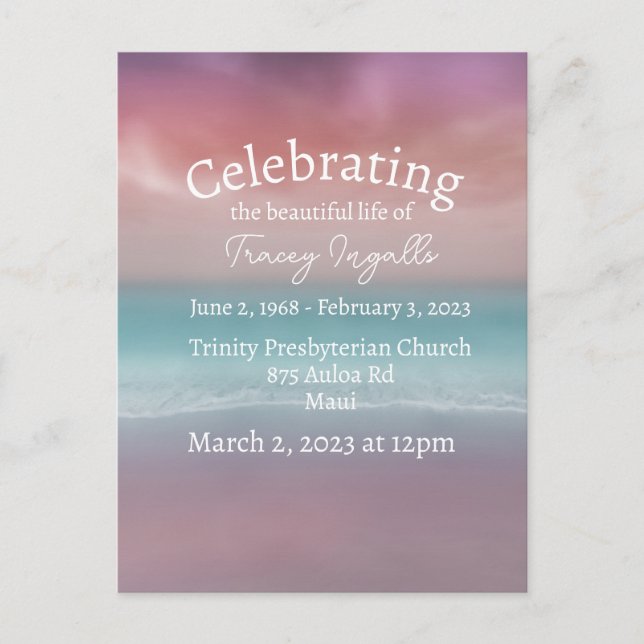 Pink Beach Sunset Celebration of Life Postcard (Front)