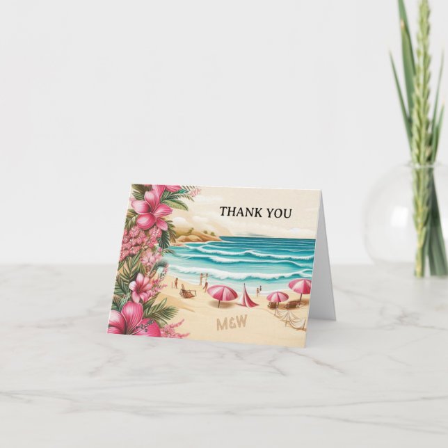 Pink Beach Wedding Thank You Card (Front)