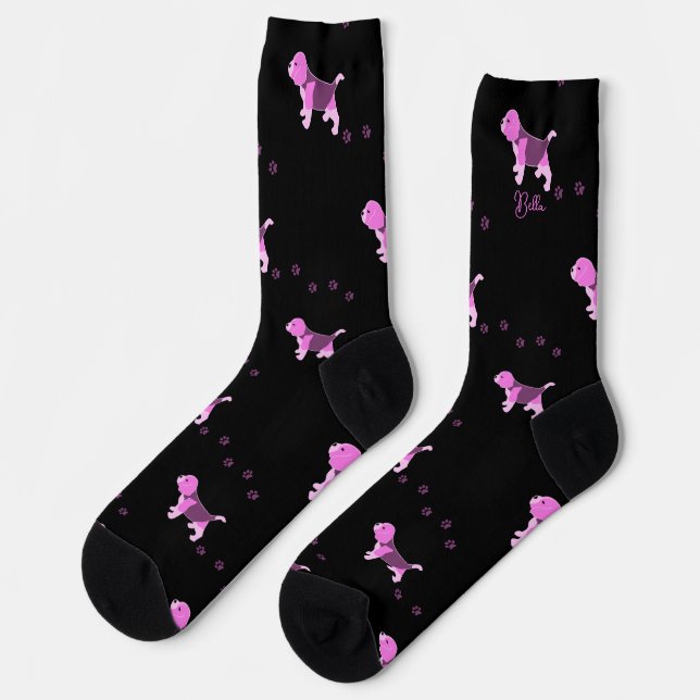 PINK BEAGLE DOG ART PUPPY PAW PRINTS NAME BLACK SOCKS (Left)